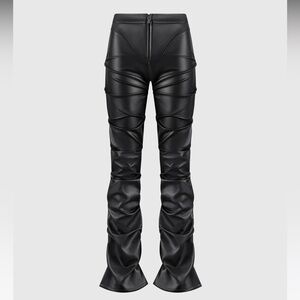 Tacked Vegan Leather Flared Trousers - Black